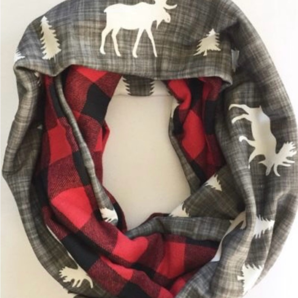 Plaid Red and Gray Scarf with Moose Design